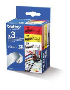 Brother - TZE-31M3 - Etiquettes - pack de 3 Rouleaux (12 mm x 8 m) : 1 rouleau noir sur blanc - 1 rouleau noir sur rouge - 1 rouleau nor sur jaune