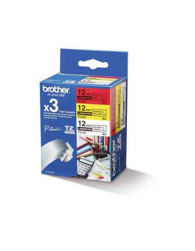 Brother - TZE-31M3 - Etiquettes - pack de 3 Rouleaux (12 mm x 8 m) : 1 rouleau noir sur blanc - 1 rouleau noir sur rouge - 1 rouleau nor sur jaune