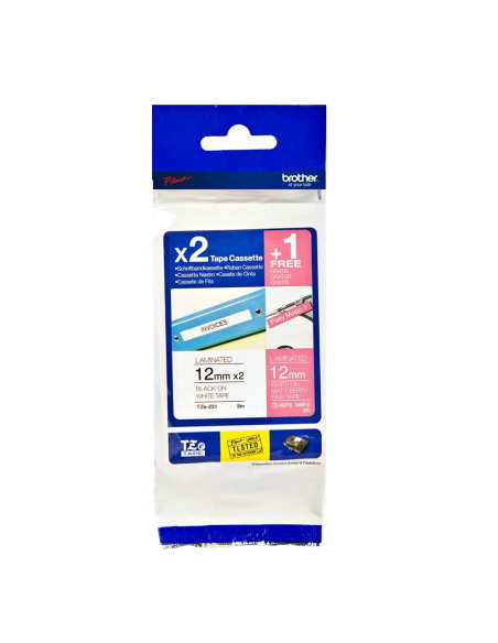 Brother - TZE-32M3 - Etiquettes - pack de 3 Rouleaux (12 mm x 8 m) : 1 rouleau blanc sur rose et 2 rouleaux noir sur blanc