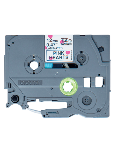 Brother - TZE-MPPH31 - Etiquettes - Noir sur motif à cœurs roses, 12 mm de large - 4 m long - autocollant laminé