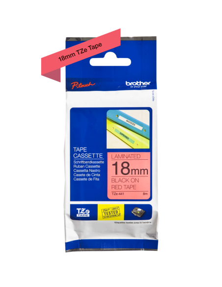 Brother - TZE-441 - Etiquettes - Noir sur Rouge - 18 mm - Rouleau (1,8 cm x 8 m) - autocollant laminé