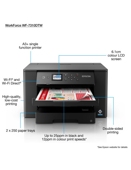 Epson - WorkForce WF-7310DTW - Imprimante, couleur, jet d’encre, A3, recto verso,75 ppm 