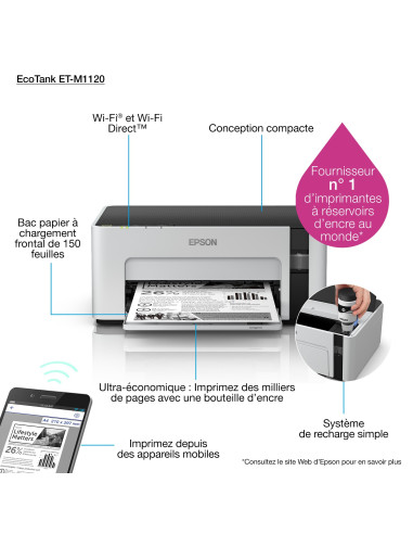 Epson - EcoTank ET-M1120 - Imprimante, jet d'encre, noir et blanc, A4, 15 ppm 
