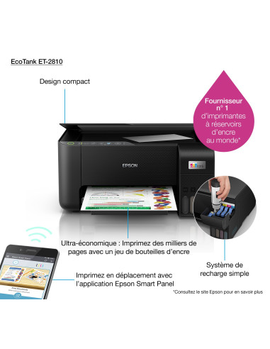 Epson - EcoTank ET-2810 - Multifonction, impression, copie, scan, Jet d’encre, Couleur, A4,, pas de recto verso, pas de chargeur