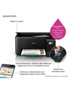 Epson -  EcoTank ET-2815 - Multifonction, impression, copie, scan, jet d'encre, Couleur, A4, pas de chargeur de document, pas de