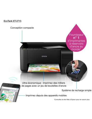 Epson - EcoTank  ET-2715 - Multifonction, impression, copie, scan, jet d'encre, Couleur, A4, pas de chargeur de document, pas de