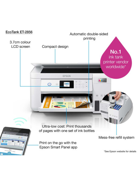 Epson  - EcoTank ET-2856 - Multifonction, impression, copie, scan, jet d'encre, Couleur, A4, pas de chargeur de document, recto 