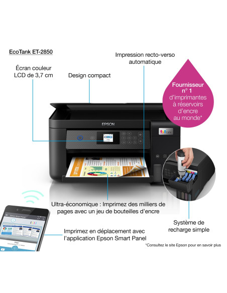 Epson - EcoTank ET-2850 - Multifonction, impression, copie, scan, jet d'encre, Couleur, A4, pas de chargeur de document, recto v