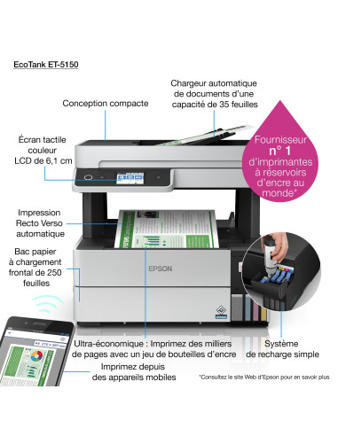 Epson - EcoTank ET-5150 -  Multifonction, impression, copie, scan, Jet d’encre, Couleur, A4, recto verso uniquement en impressio