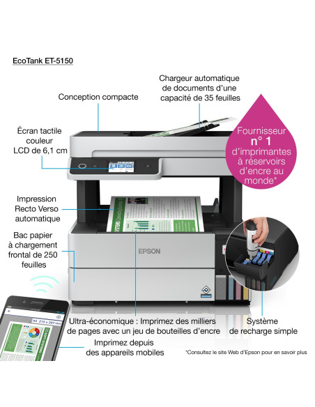 Epson - EcoTank ET-5150 -  Multifonction, impression, copie, scan, Jet d’encre, Couleur, A4, recto verso uniquement en impressio