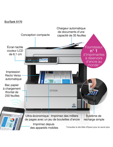 Epson - EcoTank ET-5170 -  Multifonction, impression, copie, scan, fax, Jet d’encre, Couleur, A4, recto verso uniquement en impr