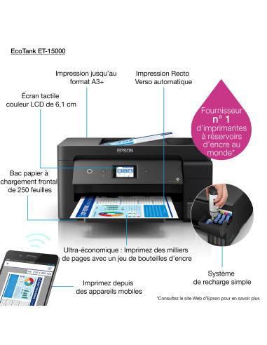 Epson - EcoTank ET-15000 - Multifonctions, impression, copie, scan, fax, couleur, jet d’encre, A4, recto verso en impression, co