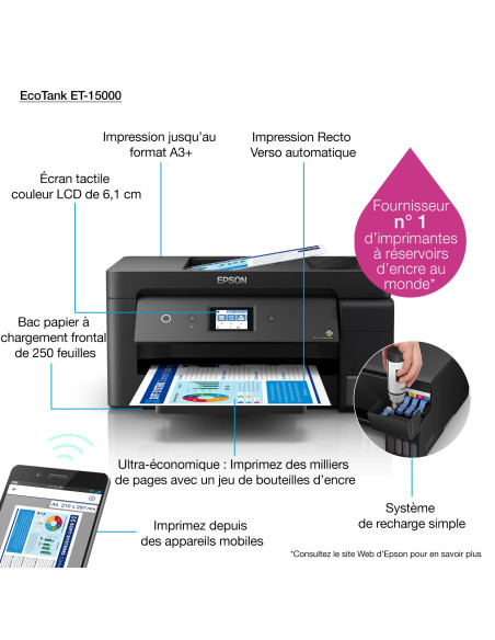 Epson - EcoTank ET-15000 - Multifonctions, impression, copie, scan, fax, couleur, jet d’encre, A4, recto verso en impression, co
