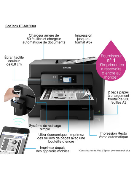 Epson - EcoTank ET-M16600 - Multifonctions, impression, copie, scan, noir et blanc, jet d’encre, A3, recto verso en impression, 