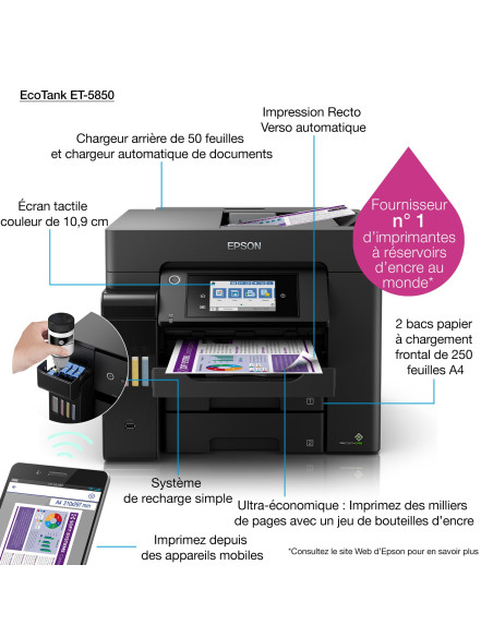 Epson - EcoTank ET-5850 -  Multifonction, impression, copie, scan, fax, Jet d’encre, Couleur, A4, recto verso  en impression, co