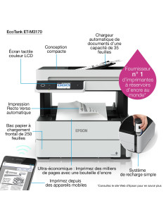 Epson - EcoTank ET-M3170 - Multifonction, impression, copie, scan, fax, jet d'encre, noir et blanc, A4, chargeur de document ADF