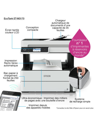 Epson - EcoTank ET-M3170 - Multifonction, impression, copie, scan, fax, jet d'encre, noir et blanc, A4, chargeur de document ADF