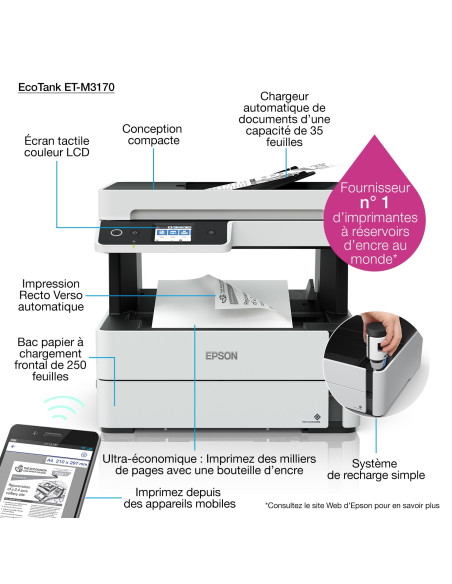 Epson - EcoTank ET-M3170 - Multifonction, impression, copie, scan, fax, jet d'encre, noir et blanc, A4, chargeur de document ADF
