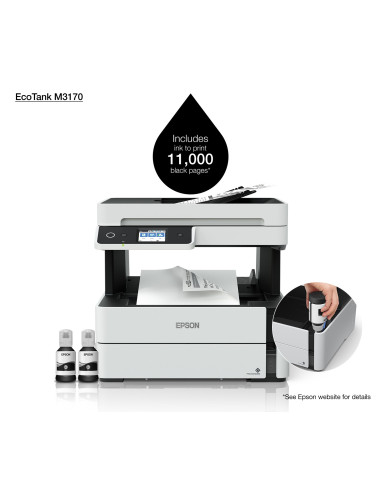 Epson - EcoTank ET-M3170 - Multifonction, impression, copie, scan, fax, jet d'encre, noir et blanc, A4, chargeur de document ADF