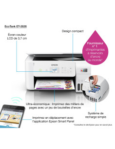 Epson - EcoTank ET-2826 - Multifonctions, impression, copie, scan, couleur, jet d’encre, A4, pas de chargeur de document, 10 ppm