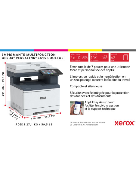 Xerox - VersaLink C415V/DN - Multifonction, impression, copie, scan, fax, couleur, A4, recto verso en impression, copie, scan, réseau, 40 ppm
