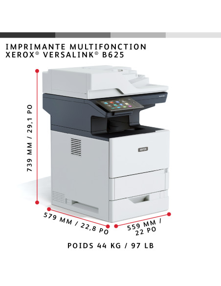 Xerox - B625V/DN - Multifonction, impression, copie, scan, fax, laser, noir et blanc, A4, recto verso en impression, copie, scan, chargeur DSPF, réseau, 61 ppm